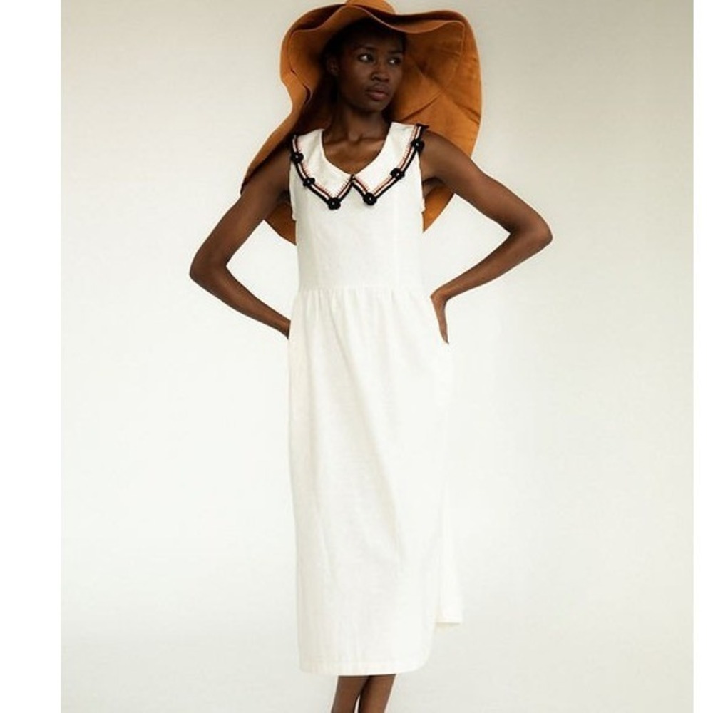 NWT Tach Dora Linen Midi Dress Cream Hand Embroidered Crochet XS Coastal Nautica